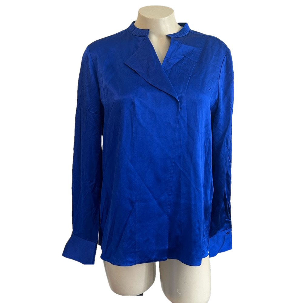 Elie Tahari Blue Cuffed Sleeve silk Mandarin Collar blouse MED